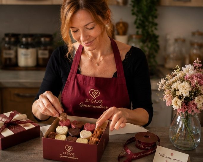 Coffret gourmand Elsass Gourmandises avec ruban, préparé pour un cadeau d'entreprise