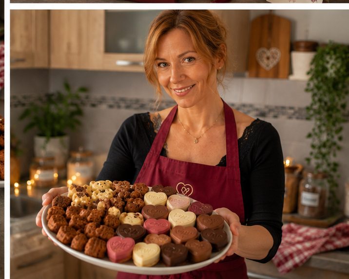 Vanessa présentant un plateau de chocolats cœur et de petits nounours faits maison